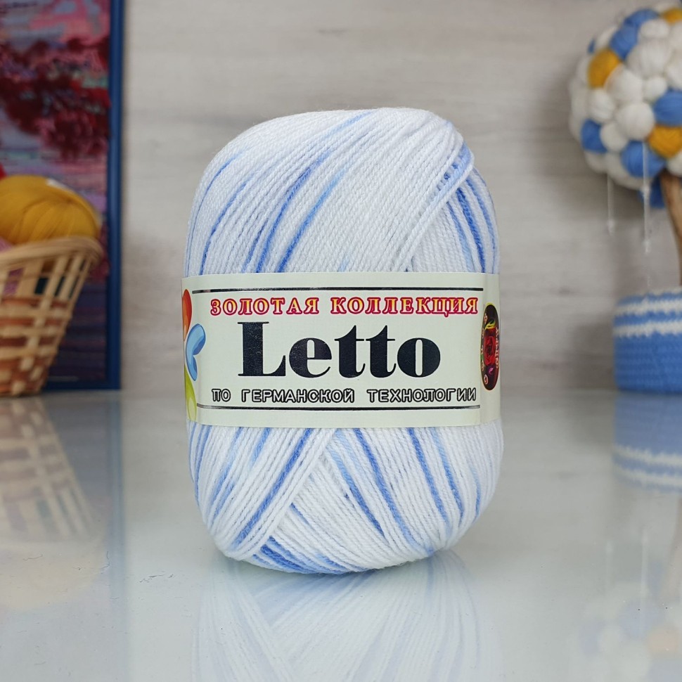 Пряжа Летто - 002 (белый+синий штрих)