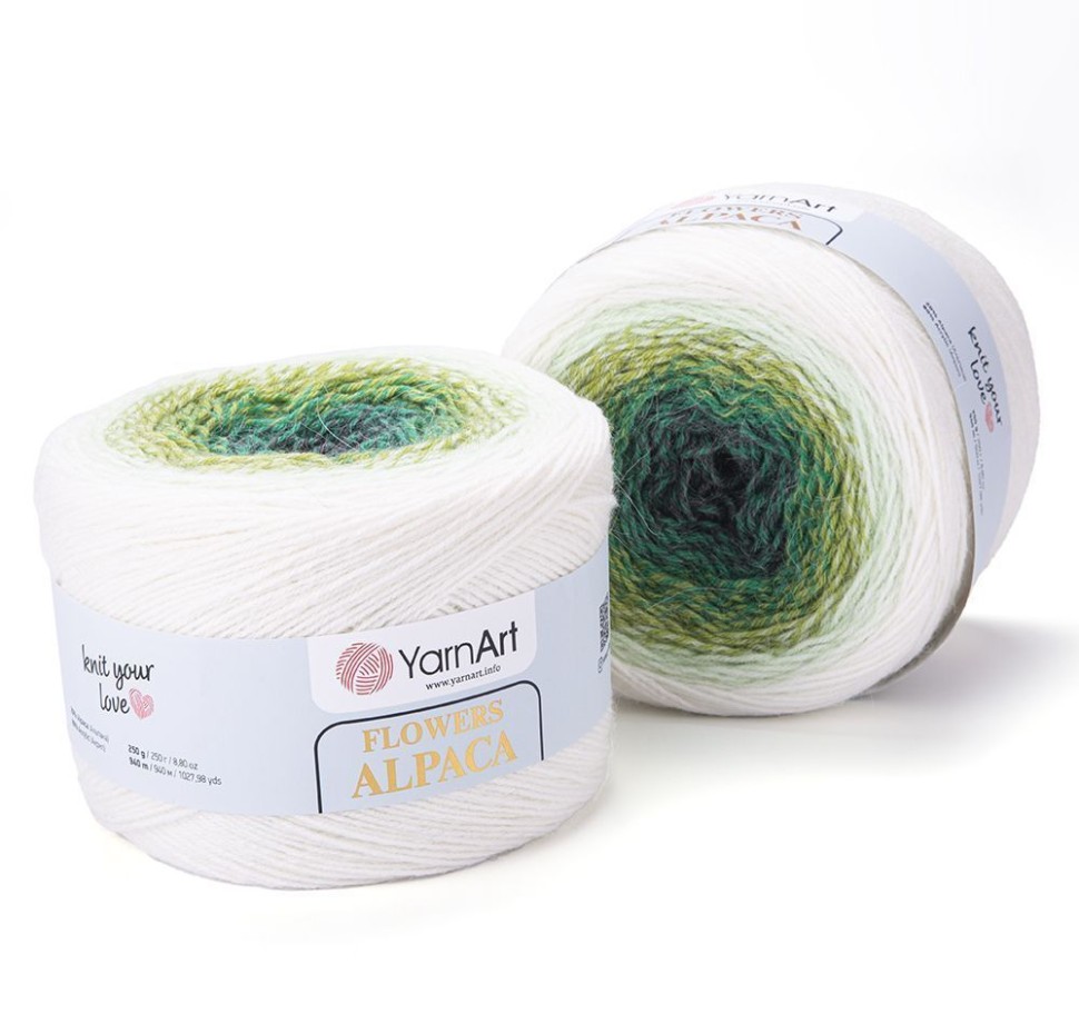Flowers Alpaca YarArt - 401 (белый/изумруд)