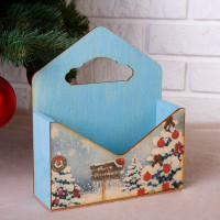 Новый год. Кашпо деревянное &quot;Конверт, Новогодний №1&quot;, деревянная ручка, голубое, 20,5×18×6 см