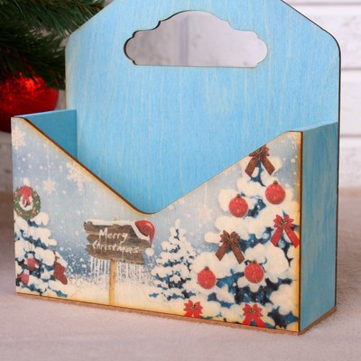 Новый год. Кашпо деревянное "Конверт, Новогодний №1", деревянная ручка, голубое, 20,5×18×6 см
