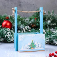 Новый год. Кашпо деревянное, 15×12×8.5(25) см &quot;Новогоднее, Снежинки, ёлочки&quot;, с принтом