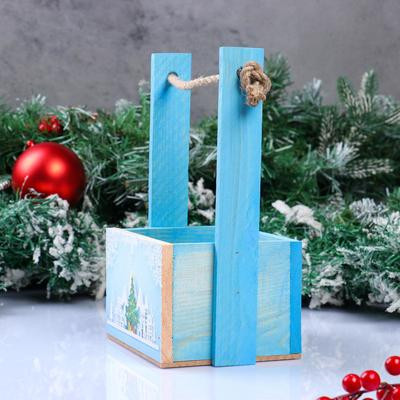 Новый год. Кашпо деревянное, 15×12×8.5(25) см "Новогоднее, Снежинки, ёлочки", с принтом