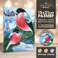 Новогодняя алмазная мозаика с частичным заполнением на холсте «Новый год. Снегири», 15 х 21 см