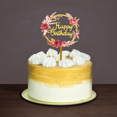 Топпер акриловый Happy birthday, цветы Топпер акриловый Happy birthday, цветы