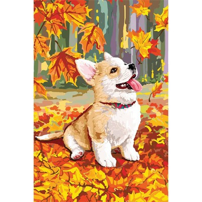 Алмазная вышивка с полным заполнением «Щенок и осень» 15х21 см, на холсте Алмазная вышивка с полным заполнением «Щенок и осень» 15х21 см, на холсте