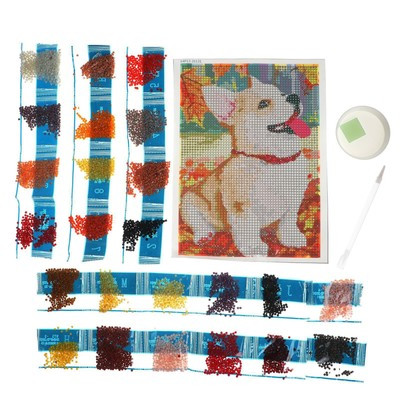 Алмазная вышивка с полным заполнением «Щенок и осень» 15х21 см, на холсте Алмазная вышивка с полным заполнением «Щенок и осень» 15х21 см, на холсте