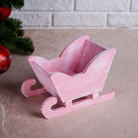 Новый год. Кашпо деревянное 20×12×13 см &quot;Санки&quot;, розовая кисть Дарим Красиво