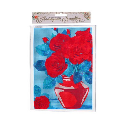 Алмазная мозаика с полным заполнением «Розы в вазе» 15х21 см, на холсте Алмазная мозаика с полным заполнением «Розы в вазе» 15х21 см, на холсте